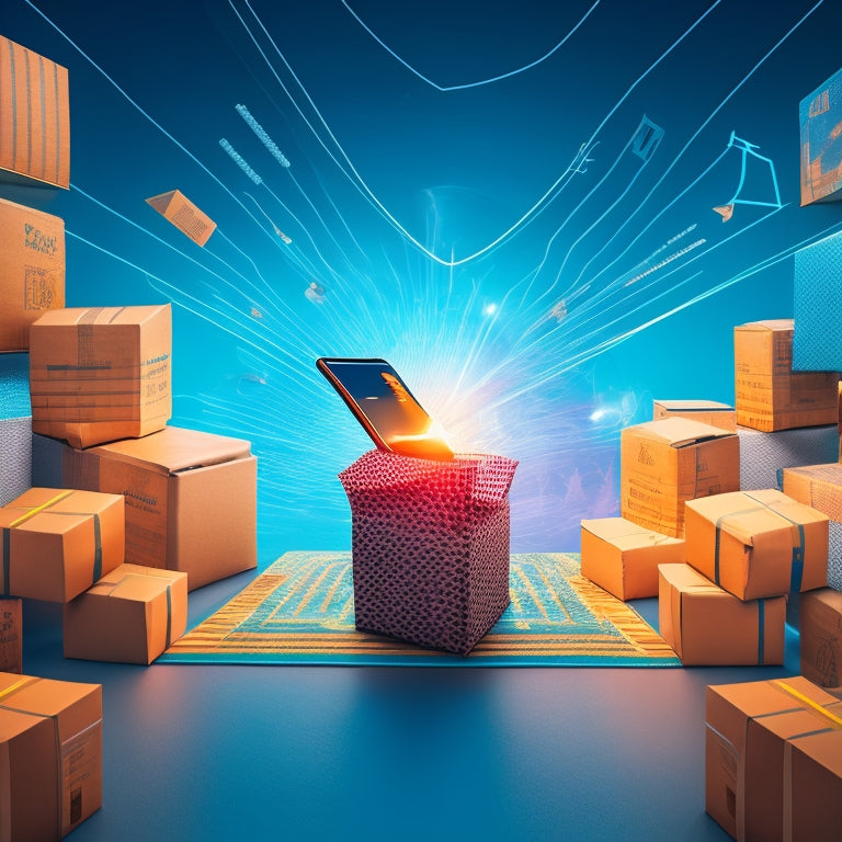 An illustration of a person holding a smartphone, surrounded by floating returns boxes and packages, with a swirling vortex of arrows and lines connecting them, symbolizing efficient returns processing.