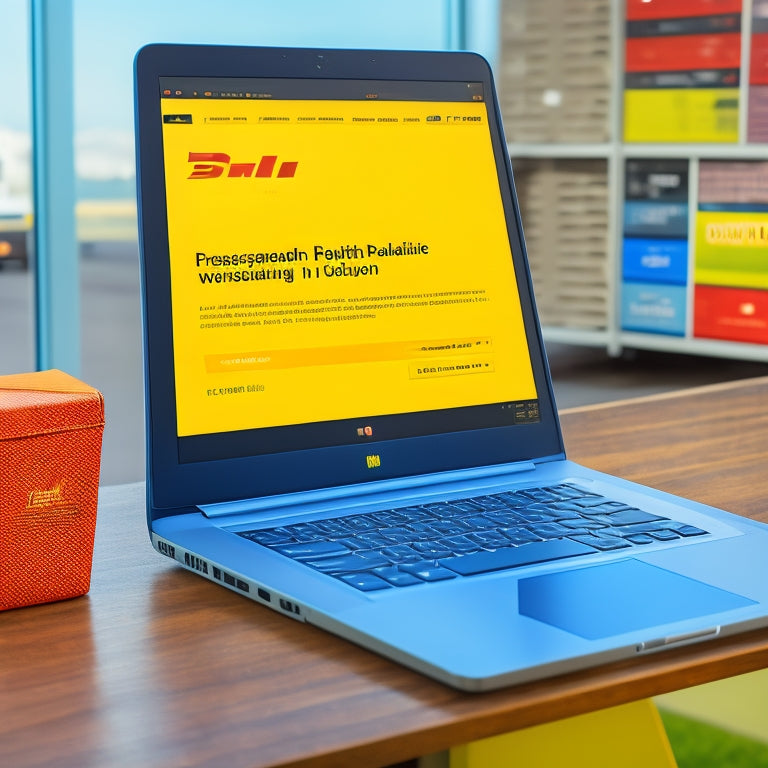 A laptop screen displaying the DHL website with a login page, a finger hovering over the "Forgot Password" button, and a subtle background with blurred-out packages and delivery vans.