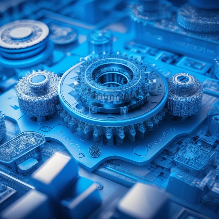 An abstract illustration of interconnected gears, circuits, and puzzle pieces in shades of blue and silver, forming a cohesive whole, surrounded by subtle sales funnel and analytics graph elements.