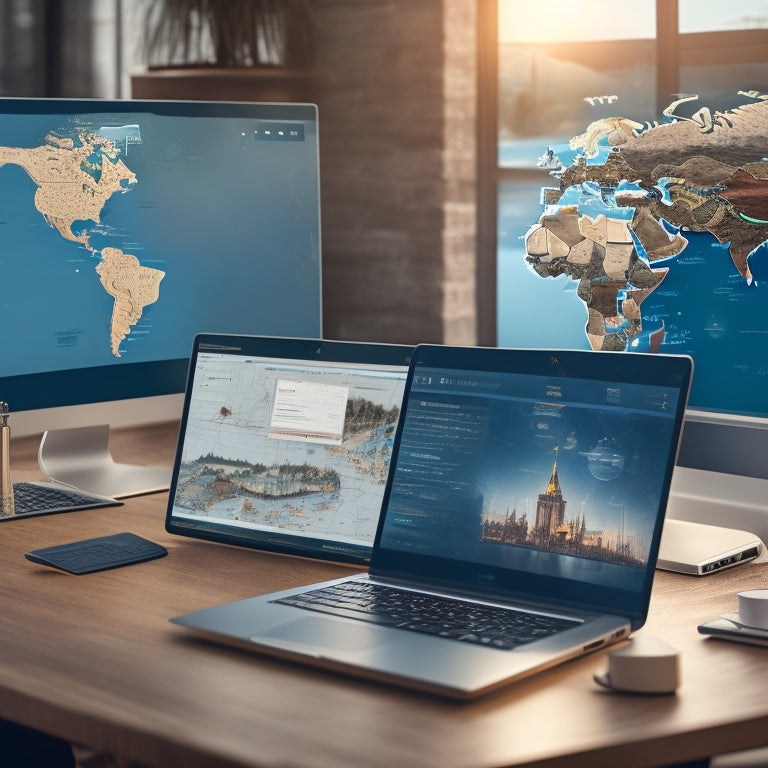 A stylized illustration of a laptop screen displaying a split-screen layout, with a teacher on one side and a global map with connected devices on the other, surrounded by subtle learning icons and gentle gradient hues.