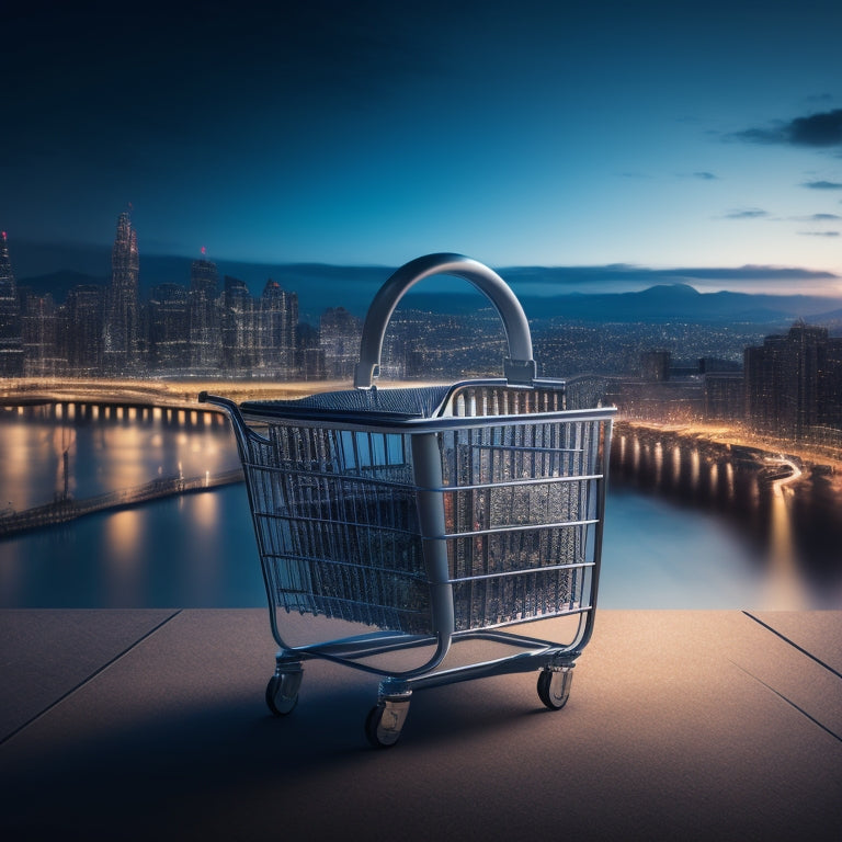 An illustration of a shield protecting a shopping cart, surrounded by a network of locks, with a faint cityscape in the background, symbolizing a secure online store amidst a bustling digital landscape.