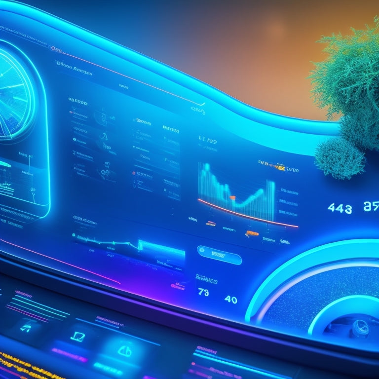 A futuristic dashboard with sleek, curved lines and neon blue accents, displaying a stylized revenue graph that bursts into bloom like a flower, surrounded by minimalist ecommerce icons.