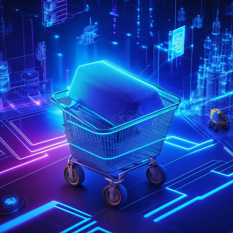 A futuristic e-commerce landscape with a bold, glowing blue circuit board background, featuring a stylized, 3D payment gateway icon at the center, surrounded by orbiting shopping carts and rising profit graphs.
