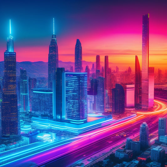 A futuristic, high-tech cityscape at sunset with sleek skyscrapers, neon lights, and holographic screens displaying digital marketplaces and e-commerce platforms, with a bold, glowing black box at the center.