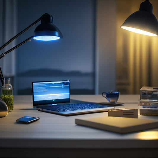 A futuristic, sleek laptop sits on a modern desk, surrounded by various ecommerce-themed objects: a miniature shopping cart, a credit card, and a few packages, all illuminated by a bright, glowing light bulb above.