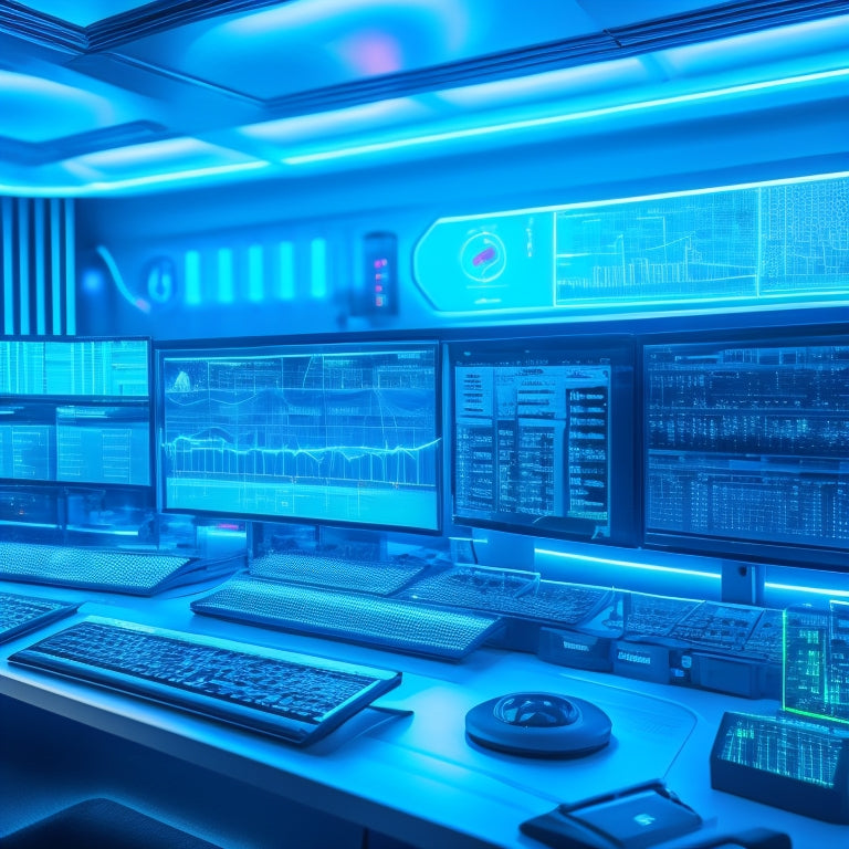 A futuristic, high-tech dashboard with glowing blue lines and neon lights, surrounded by various gadgets and devices, depicting a merchant's command center for efficient operations.