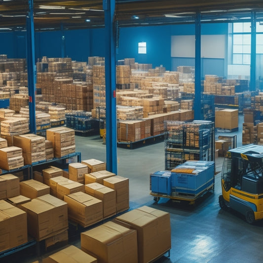 A bustling warehouse scene with various label printers and a worker efficiently printing shipping labels of different sizes, shapes, and materials, surrounded by packages and shipping supplies.