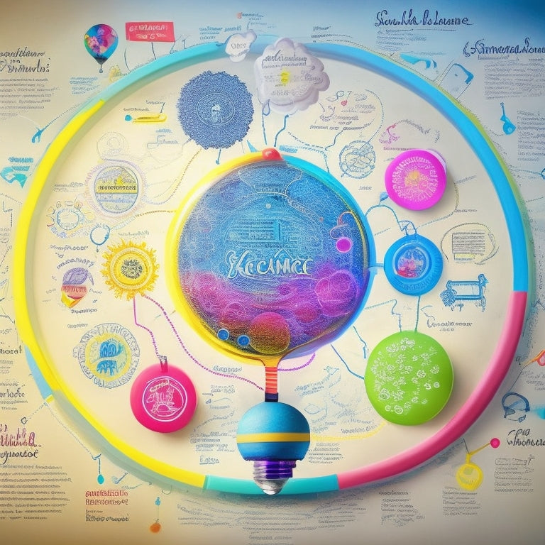 A vibrant, hand-drawn mind map with colorful bubbles and swirling lines, featuring a small business icon at the center, surrounded by social media symbols, gears, and lightbulbs.