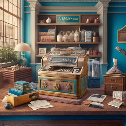 An illustration of a vintage storefront with a old-fashioned cash register and a few scattered products, transforming into a modern online store with laptops, smartphones, and packages in mid-air.