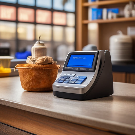 A sleek, modern payment terminal sits on a clutter-free countertop, surrounded by neatly organized stacks of credit cards, with a blurred-out background of a bustling retail store.
