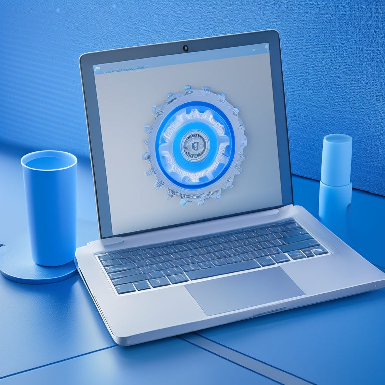 An illustration of three interconnected gears in a light blue circle, surrounded by a subtle gradient background, with a faint outline of a laptop and a subtle hint of a graph trending upwards.