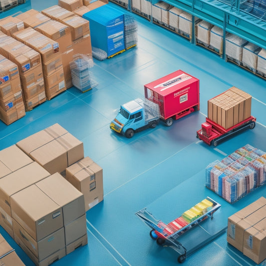 A colorful illustration of a bustling warehouse with neatly organized boxes, a rolling conveyor belt, and a laptop displaying a WooCommerce dashboard, surrounded by shipping labels and a few flying parcels.