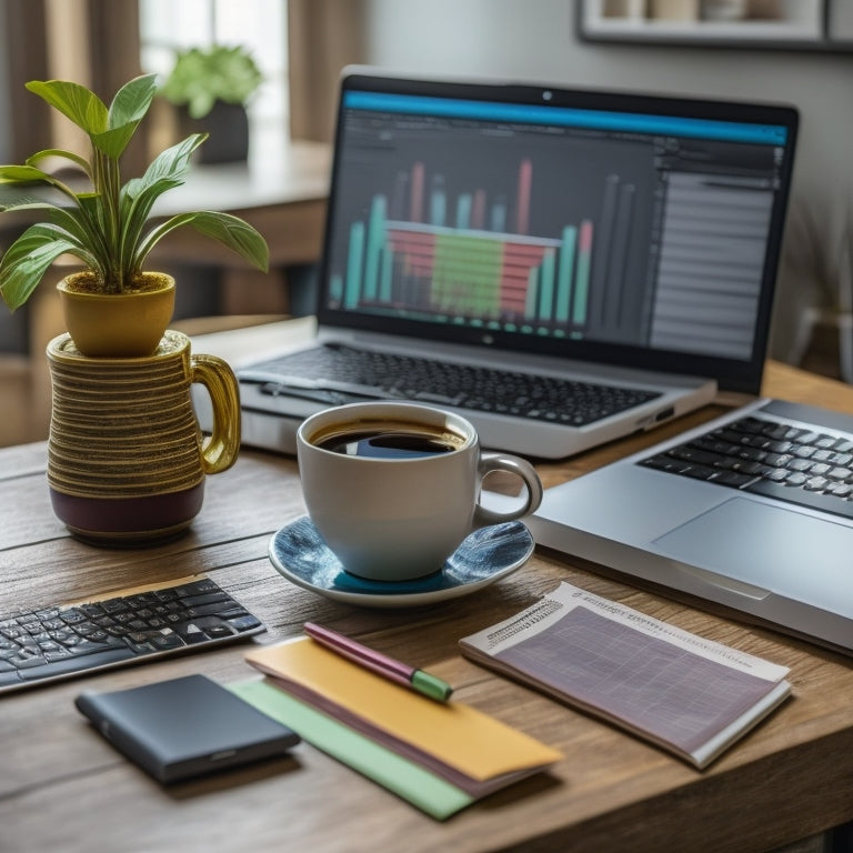 A laptop on a desk with a cup of coffee and a notebook nearby, surrounded by colorful sticky notes and a miniature trophy, with a subtle background of a graph trending upward.