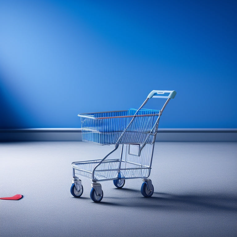 A deserted online shopping cart, with a few scattered items and a broken heart symbol above it, surrounded by faint footprints leading away, on a gradient background of blues and grays.