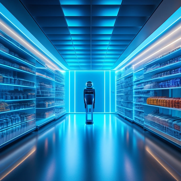 An futuristic ecommerce store interior with sleek, minimalist shelves and a giant, glowing chatbot face on a holographic screen, surrounded by swirling code patterns and orbiting shopping carts.