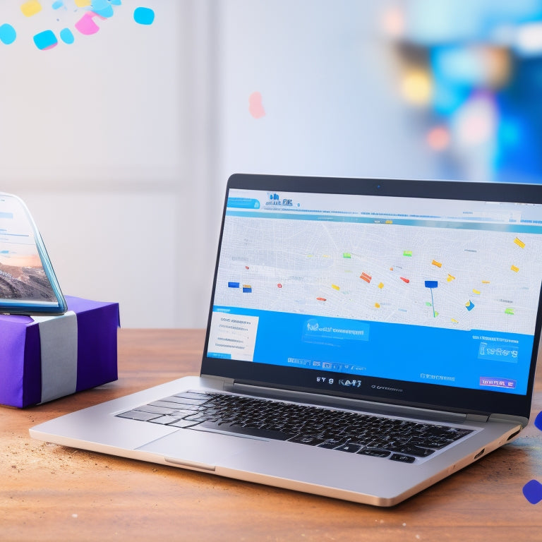 An illustration of a laptop screen displaying a successful e-commerce website with a prominent "Download Now" button, surrounded by rising graphs and confetti, set against a bright blue background.