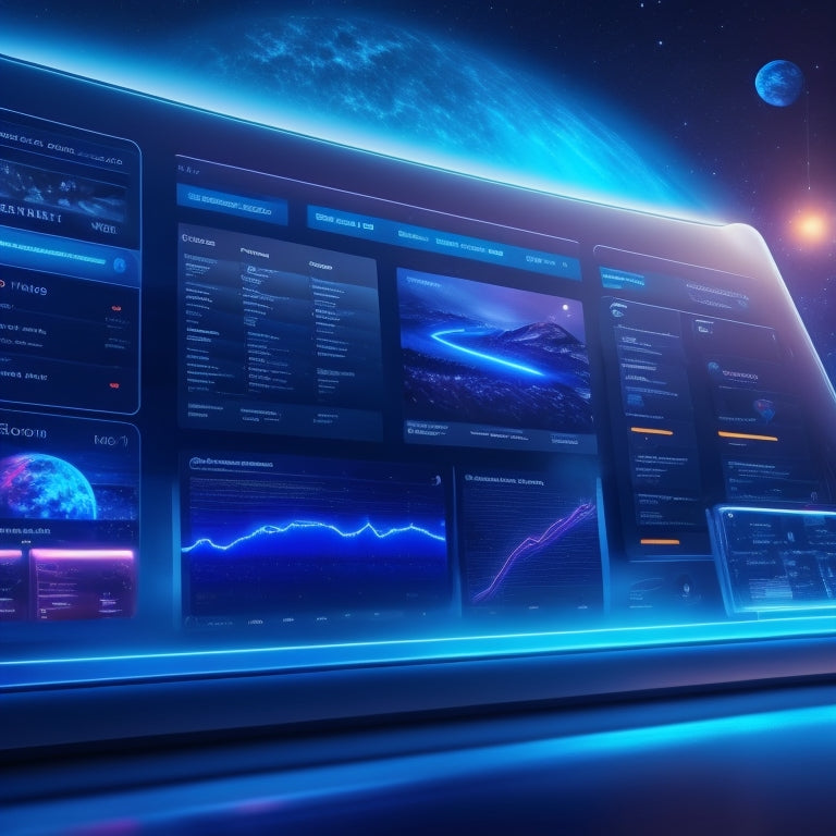A futuristic e-commerce dashboard with sleek, neon-lit grids, surrounded by orbiting shopping bags, credit cards, and laptops, set against a dark blue, starry night sky with subtle, shimmering effects.