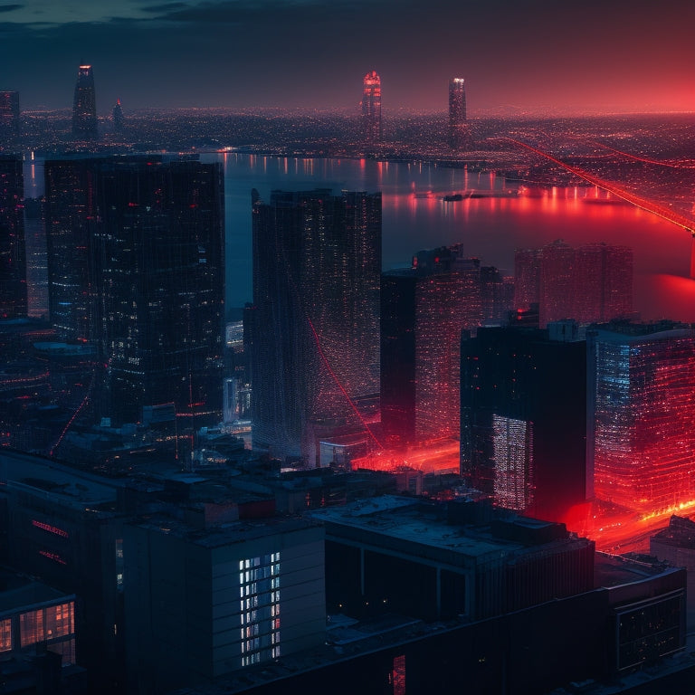 A dark, gritty cityscape at dusk with a faint glow of computer screens in the windows, surrounded by a web of red strings and nodes, with a strong, bold, and sleek shield in the foreground.