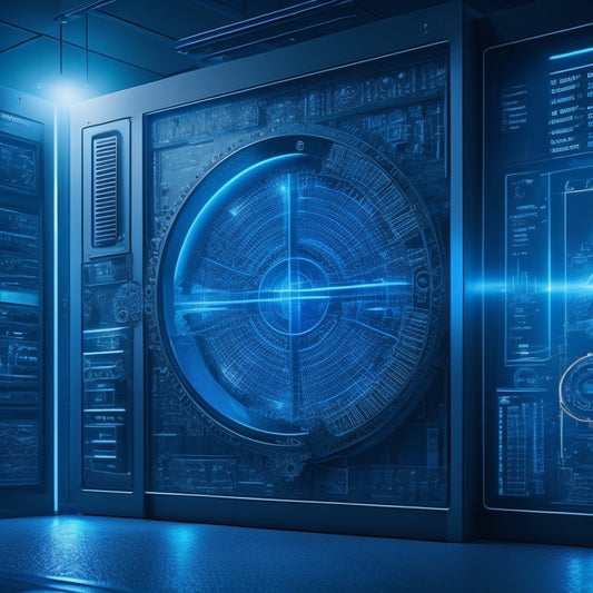 A futuristic online storefront with glowing blue accents, surrounded by rising graphs, gears, and cogs, set against a dark blue background with subtle circuit board patterns.