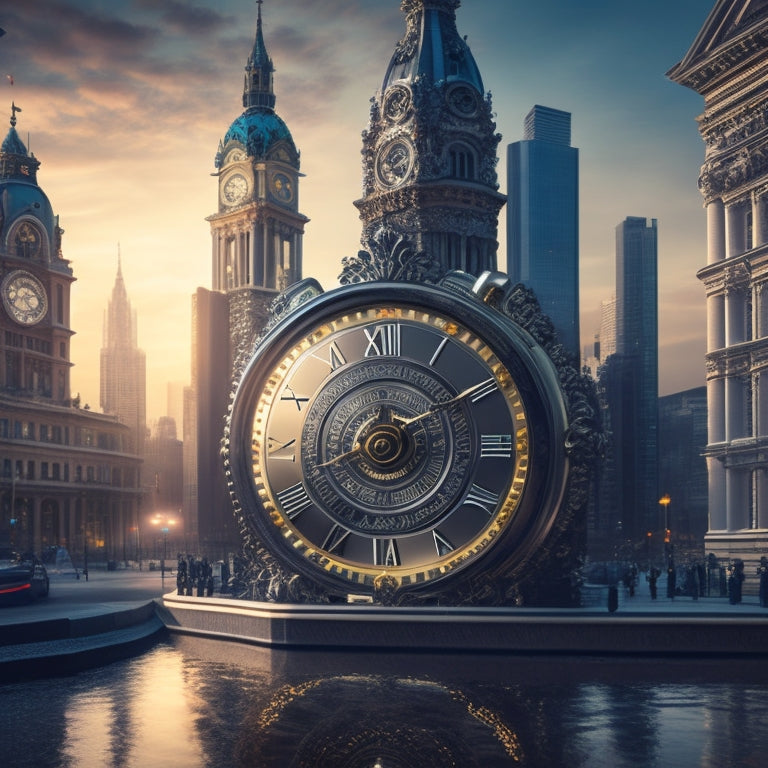 A stylized illustration of a clock's gears seamlessly integrating with a cityscape, featuring a prominent government building, with a subtle stream flowing in the background, symbolizing efficiency and progress.