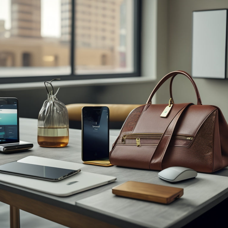 A modern, minimalist desk with a sleek laptop, a tablet, and a smartphone, surrounded by stylized shopping bags, credit cards, and a subtle cityscape background.