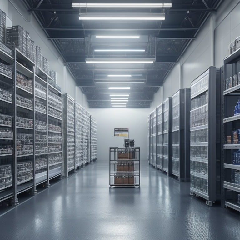A futuristic warehouse with sleek shelves, rows of robots scanning inventory, and a giant transparent screen displaying a digital inventory dashboard, surrounded by minimalistic industrial chic decor.