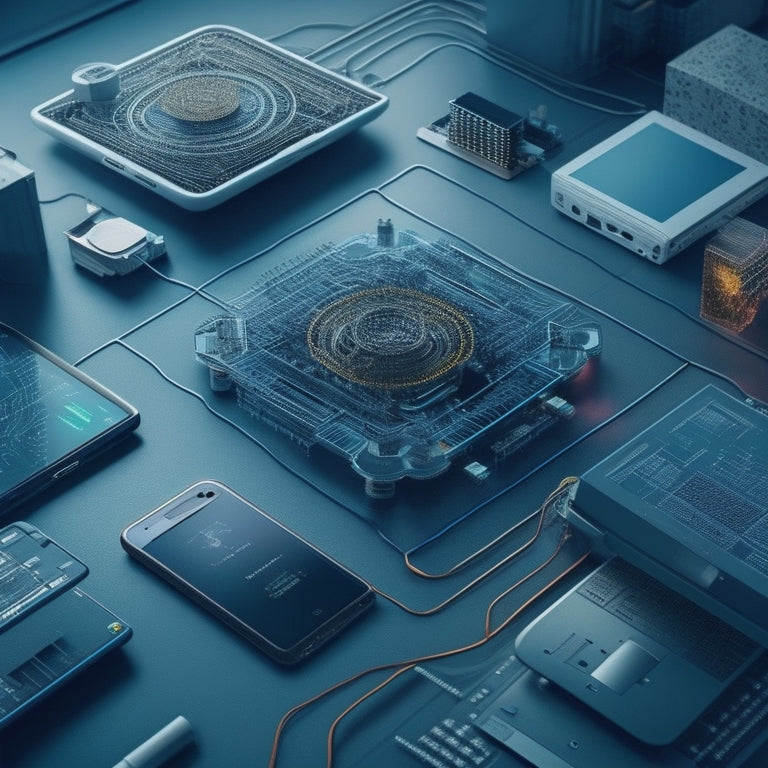 A futuristic, minimalist illustration of interconnected gears, wires, and circuits forming a cohesive network, surrounded by laptops, tablets, and smartphones in a subtle grid pattern.