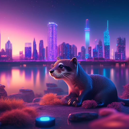 A futuristic, neon-lit landscape with a swift otter character in the center, surrounded by Adobe Commerce logos, gears, and circuits, with a subtle cityscape in the background.