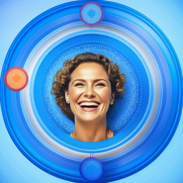 A stylized illustration of a smiling customer surrounded by concentric circles, with each circle containing a different ecommerce icon (e.g. shopping cart, heart, star) in a gradient of blues, symbolizing loyalty and growth.