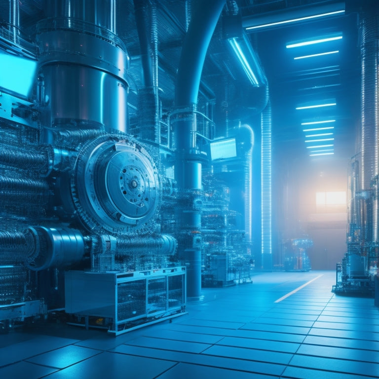 A futuristic factory floor with sleek, silver machinery and glowing blue circuits, surrounded by orbiting gears and cogs, with a subtle, shimmering aura of innovation and efficiency.