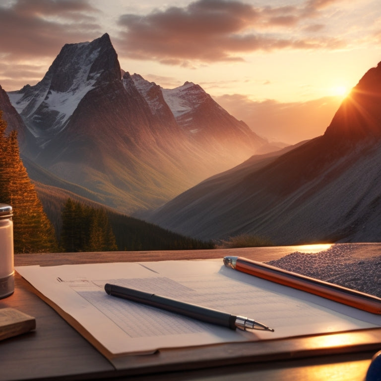 A majestic Rocky Mountain landscape at sunrise, with a subtle overlay of a spreadsheet or clipboard in the foreground, featuring a faint grid pattern and a few scattered pens.