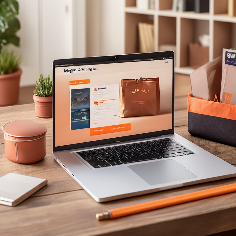 An illustration of a laptop displaying a Magento dashboard, surrounded by digital goods such as ebooks, software boxes, and virtual products, with shopping bags and money symbols in the background.