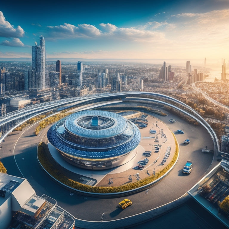 A futuristic retail landscape with a cityscape in the background, featuring a giant puzzle piece fitting into place, surrounded by swirling data streams, shopping carts, and robotic arms grasping products.