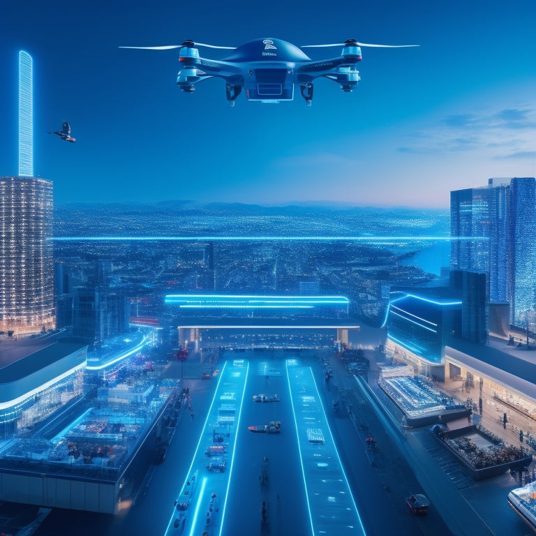 A futuristic cityscape with interconnected retail channels: a physical store with augmented reality displays, a mobile app with a seamless checkout process, and a delivery drone flying overhead, all connected by glowing blue lines.
