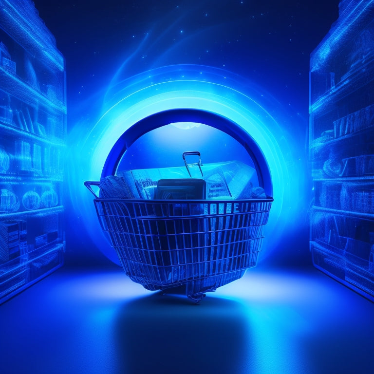 A stylized keyhole with a glowing blue light emerging from it, surrounded by orbiting e-commerce icons like shopping carts, credit cards, and laptops, set against a dark blue gradient background.