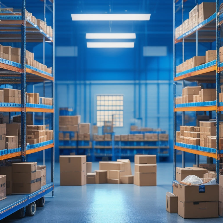 An illustration of a warehouse with organized shelves, a tablet with a digital inventory dashboard, and a robotic arm picking up a box, surrounded by subtle circuit board patterns in the background.