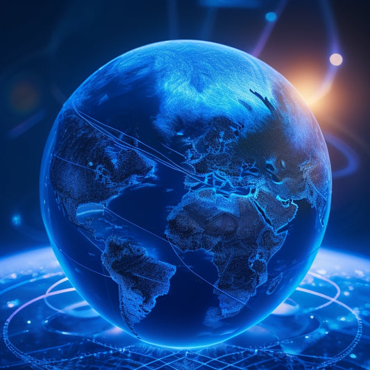 A stylized illustration of a globe with glowing blue digital pathways connecting major cities, surrounded by orbiting smartphones, laptops, and tablets, with subtle circuit board patterns in the background.