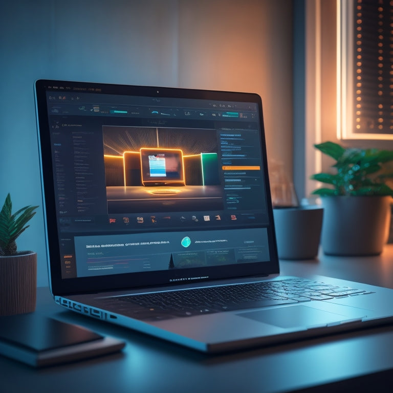 A futuristic, minimalist illustration of a laptop with a split-screen display, showcasing various online course platforms on one side and a merchant's dashboard on the other, surrounded by subtle, glowing connections.