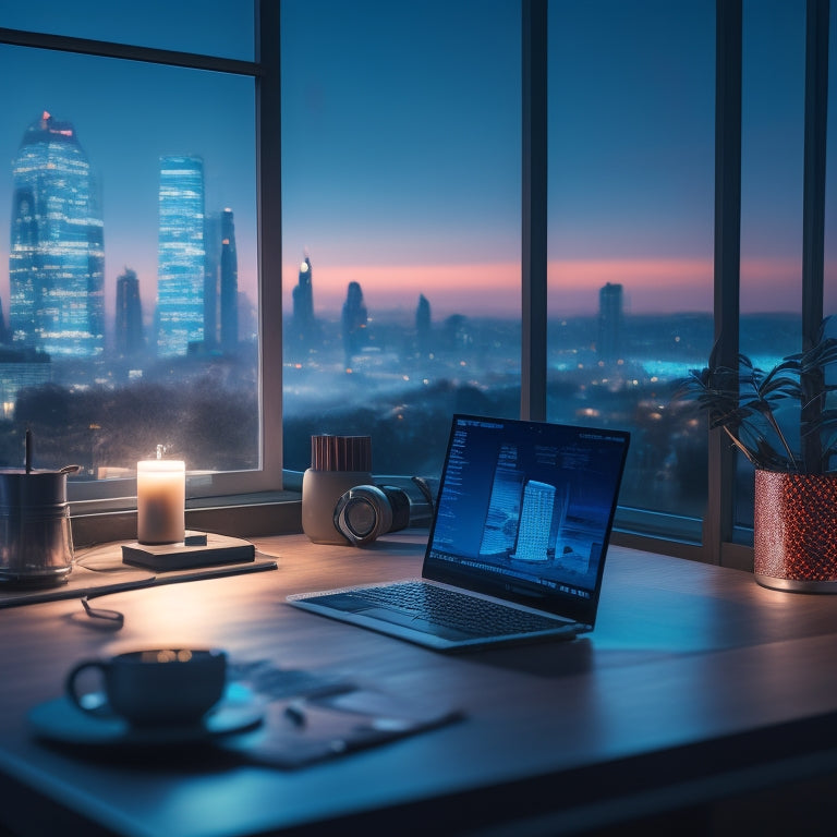 A sleek, modern desk with a silver laptop, a cup of steaming coffee, and a few scattered papers, set against a blurred cityscape background with subtle neon lights.