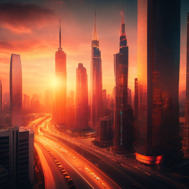 A futuristic, sleek, and modern cityscape at sunset with towering skyscrapers, gleaming glass buildings, and neon lights, featuring a giant, glowing, orange entrepreneurial spark in the center.