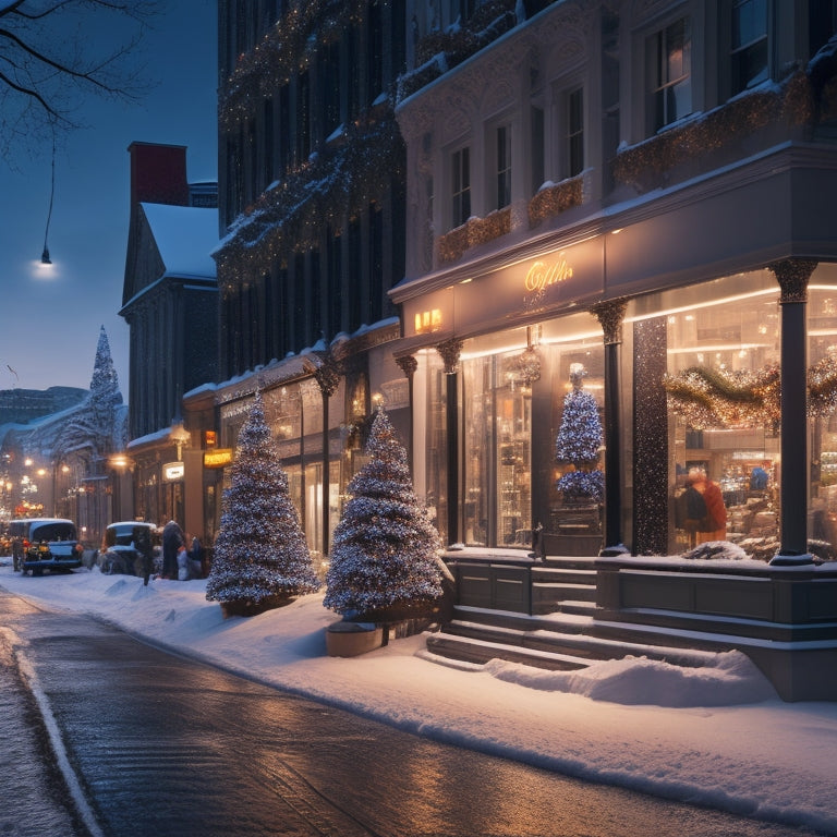 A festive, snowy cityscape at dusk with glowing storefronts, bustling with shoppers, surrounded by decorated trees, and a subtle hint of holiday lights reflecting off the wet pavement.