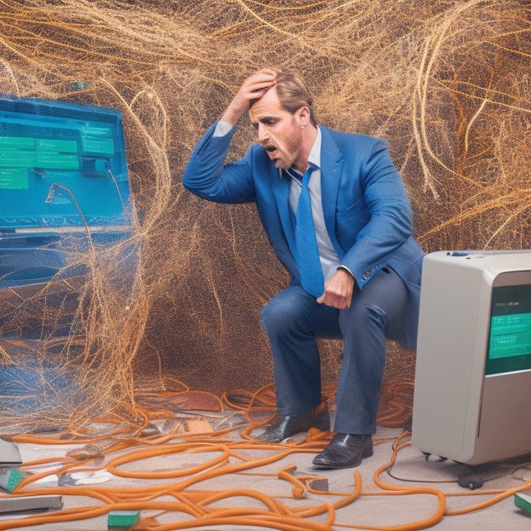An illustration of a frustrated merchant standing in front of a broken computer, surrounded by tangled wires, crashed servers, and shattered screens, with a faint outline of a failed e-commerce website in the background.