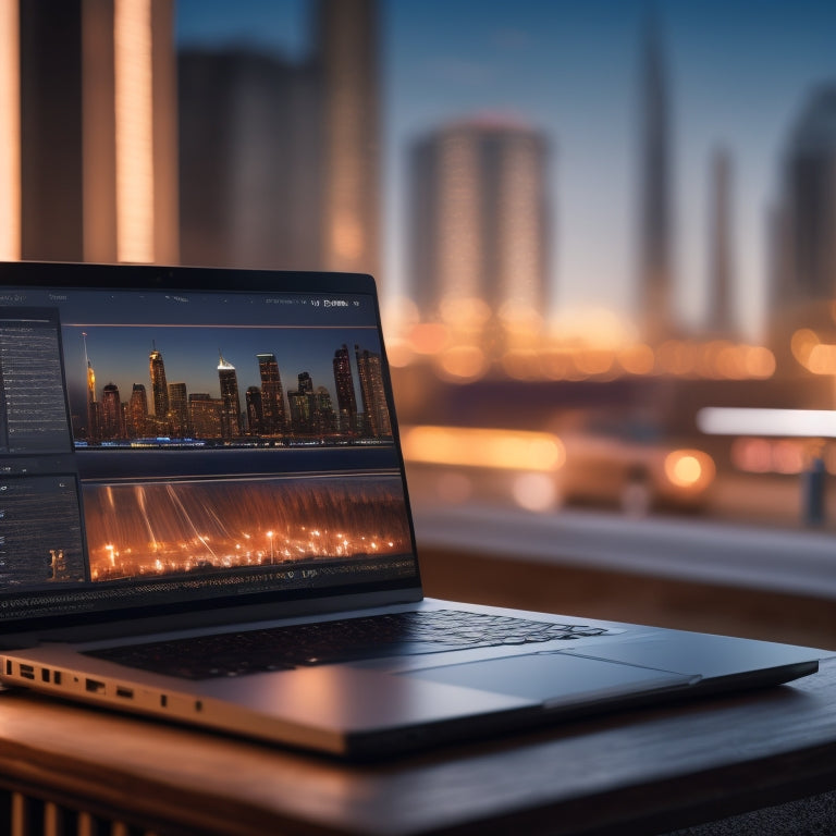 An illustration of a laptop with a storefront on the screen, surrounded by upward-trending graphs, shopping bags, and a cityscape in the background, with a subtle glow effect.