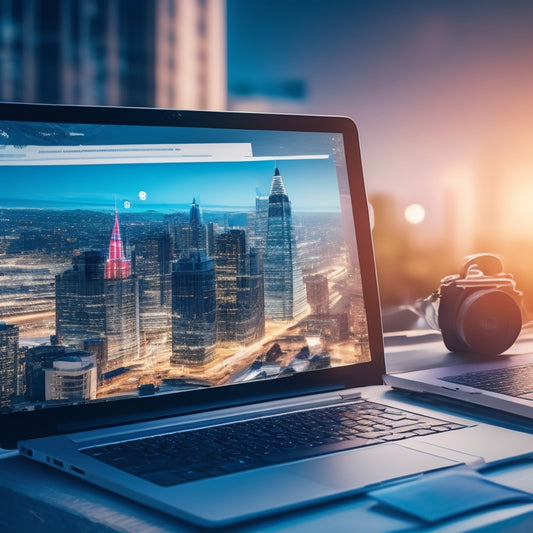 A stylized illustration of a magnifying glass hovering above a laptop screen, surrounded by rising graph lines, shopping bags, and subtle hints of city skylines, conveying growth and online success.