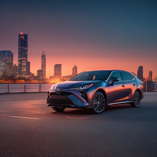 A sleek, modern Toyota vehicle parked in front of a blurred cityscape at dusk, with a faint, glowing smartphone screen reflected on the car's shiny surface, displaying a digital owner's manual login page.