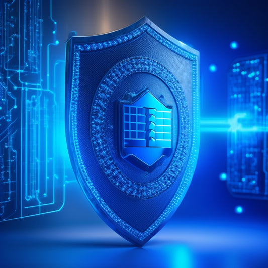 A shield icon with a padlock at its center, surrounded by glowing blue circuits and microchips, set against a dark blue background with subtle hints of binary code.
