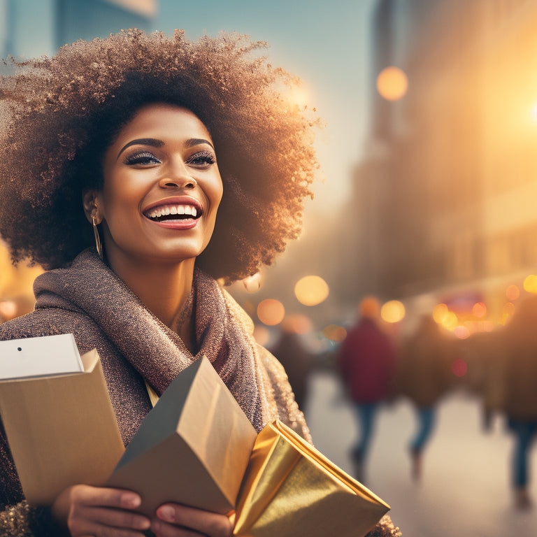 An illustration of a smiling customer holding a tablet, surrounded by shopping bags and confetti, with a subtle background of a cityscape at sunrise, symbolizing growth and success.
