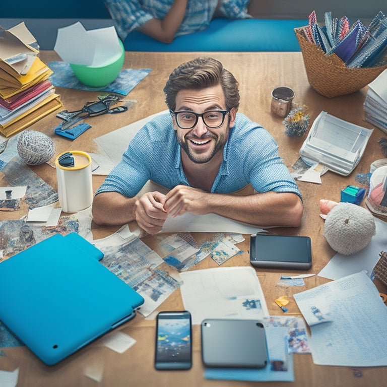 An illustration of a frustrated customer surrounded by scattered papers and broken gadgets, transformed into a calm and satisfied individual with a tablet and a smile, amidst organized digital solutions.