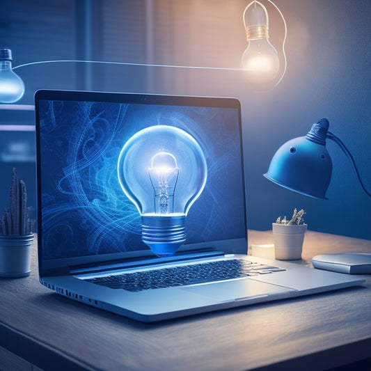 A stylized, modern illustration depicting a lightbulb moment above a laptop, surrounded by swirling lines and shapes in shades of blue, symbolizing innovation and e-commerce growth.