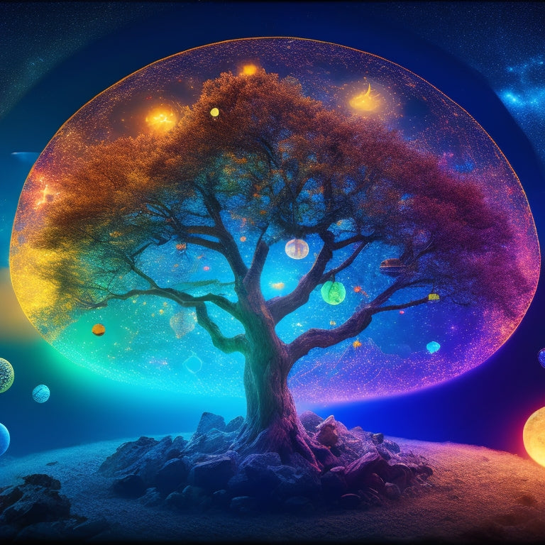 A vibrant, sprawling mind map with colorful branches and twinkling lights, radiating from a central glowing orb, surrounded by floating ideas, symbols, and icons, set against a starry night sky background.